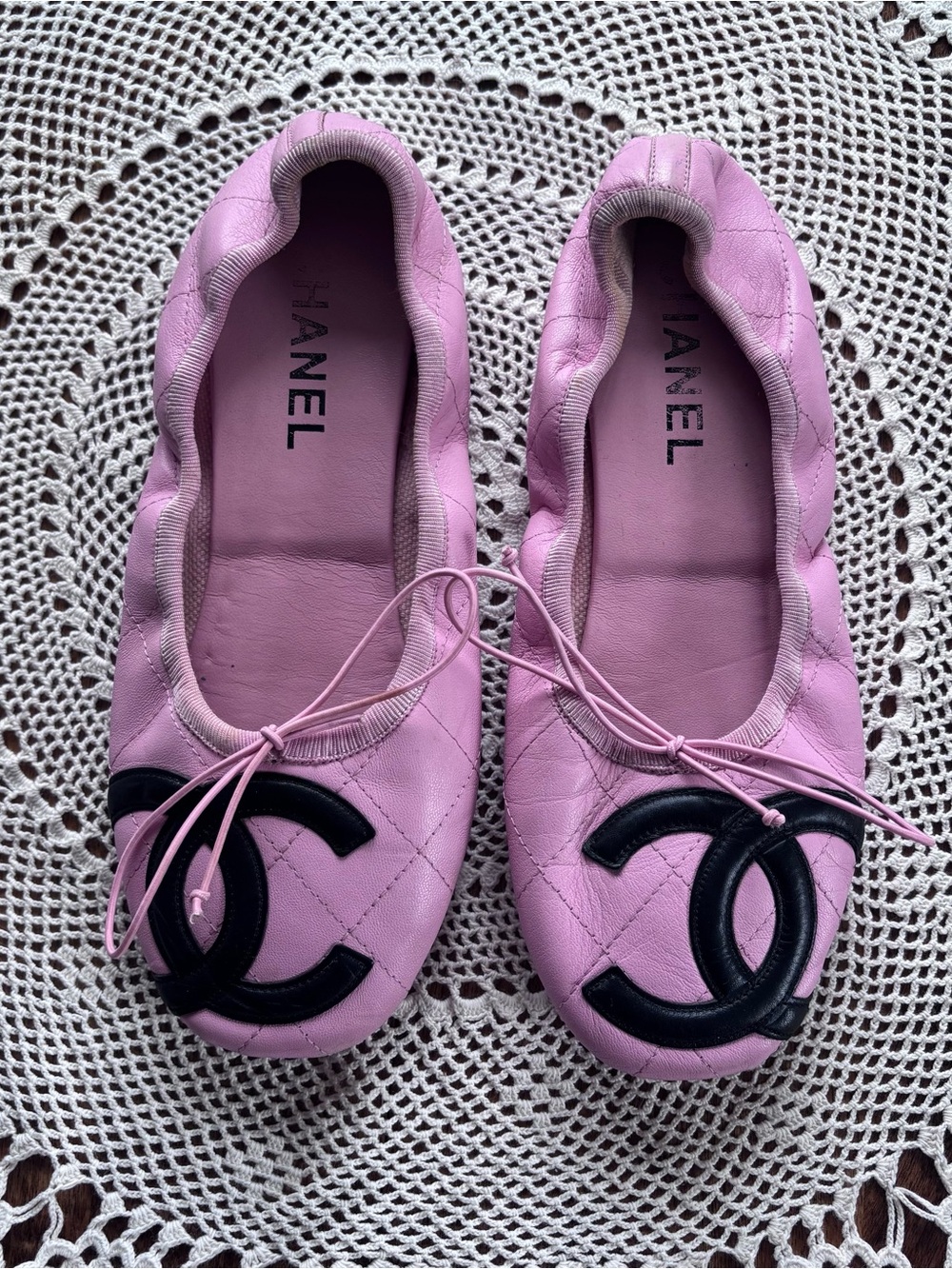 CHANEL Pink Quilted Leather CC Cambon ballet flats